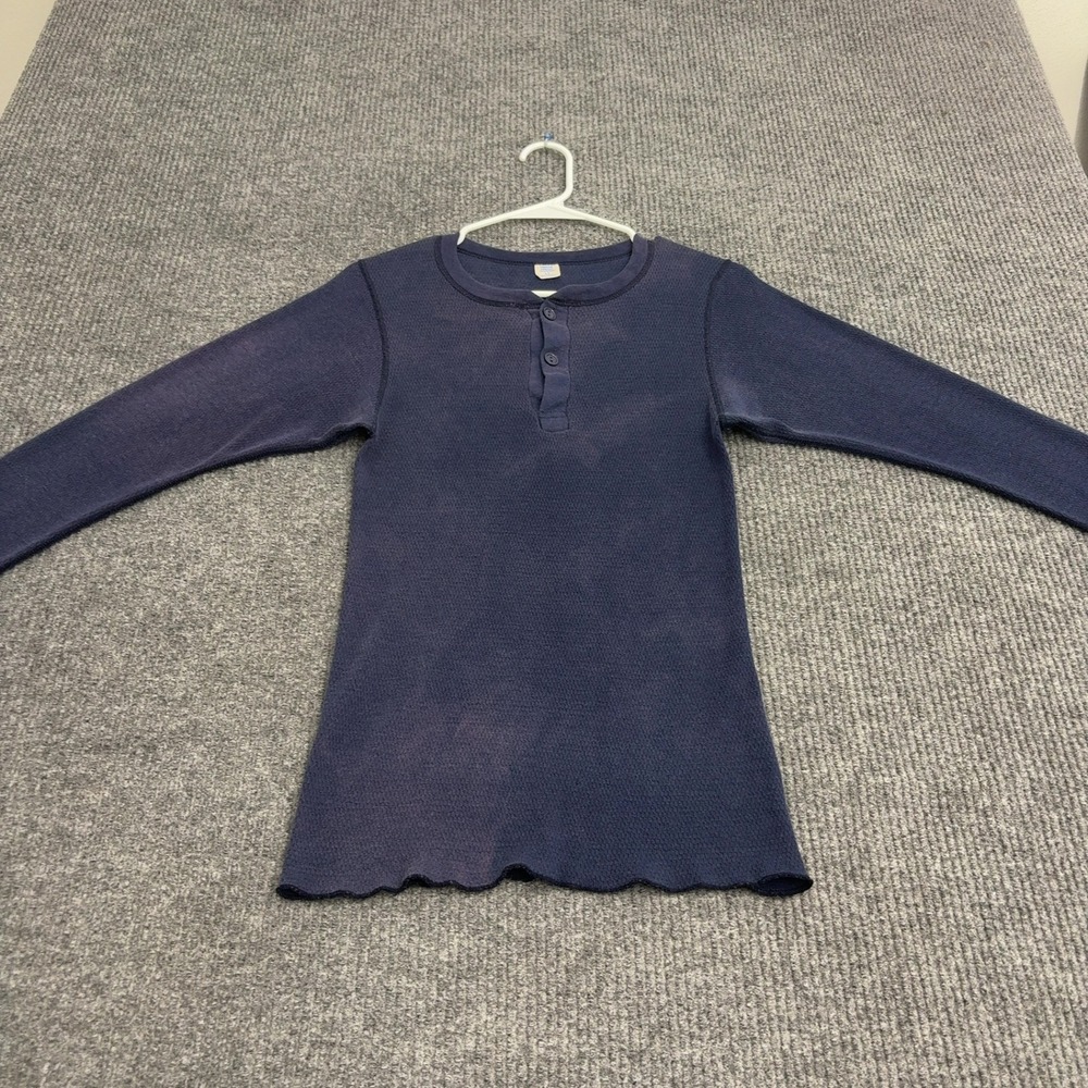 Vintage Hanes Henley Mens L Navy Cotton Blend Waffle Knit Thermal Distressed